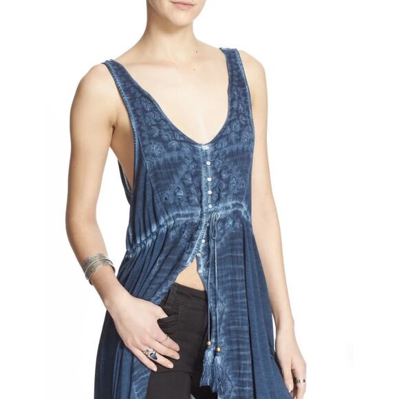 Free People Rip Tide Deep Blue Embroidered Eyelet Tunic Duster SZ S - Picture 3 of 16